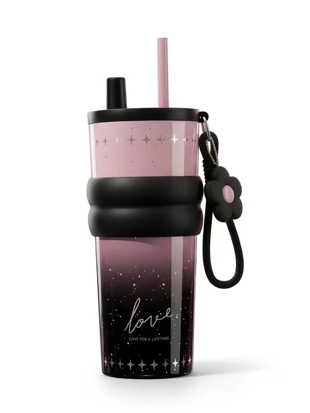 24oz Pink/Black Tumbler with Flower Charm